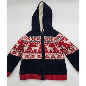Sam & Jo Boy's 4T Holiday Blue/Red Fleece Lined Zip-up Sweater